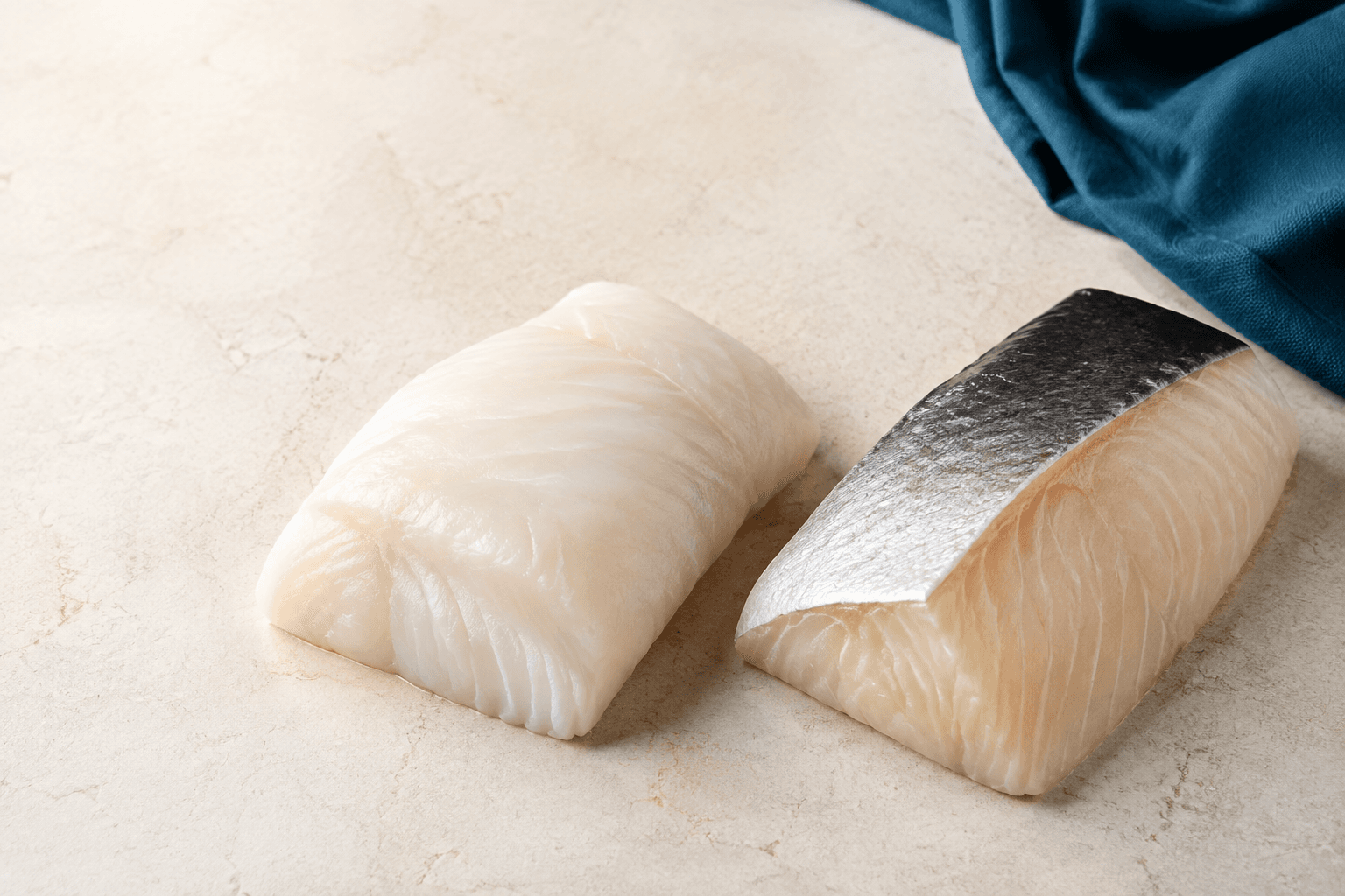 Two white-fish cuts, one with skin and one without