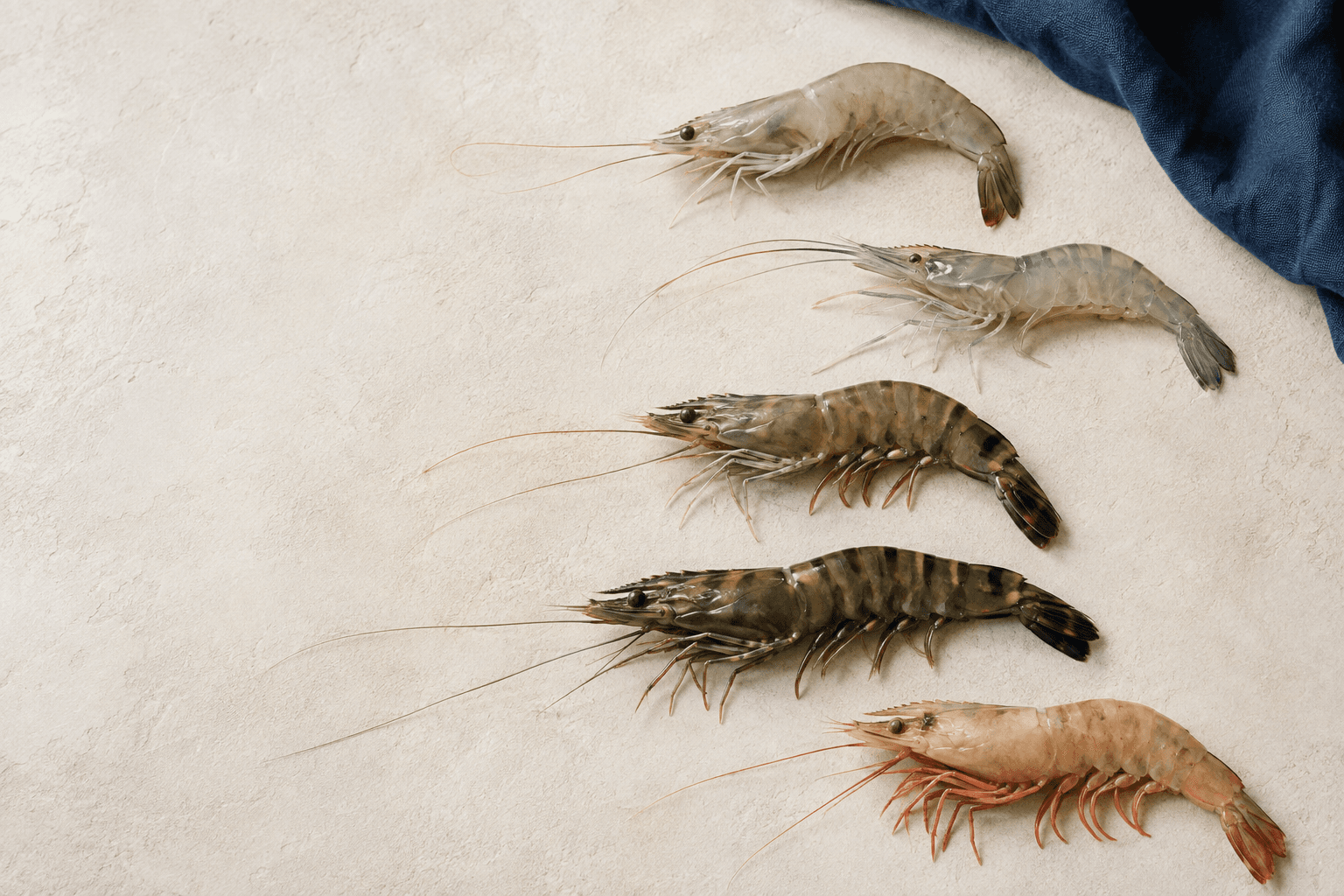 A selection of whole prawns arranged for comparison