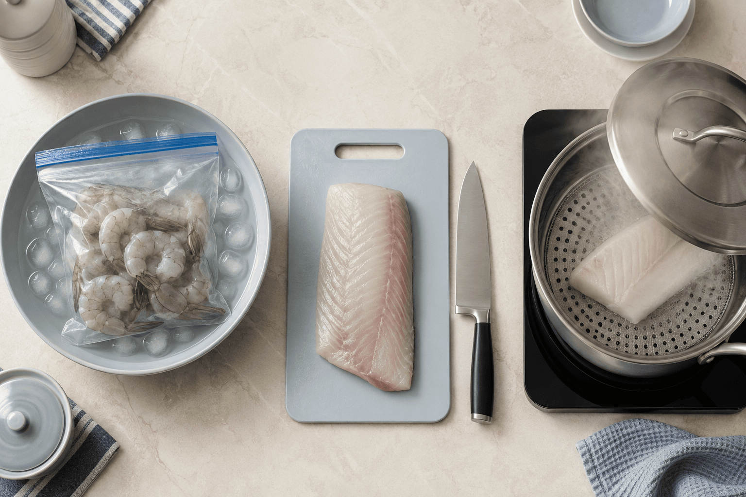 Seafood, a chopping board and utensils ready for cooking