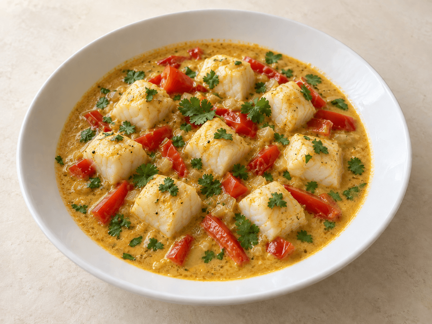 A bowl of mild coconut curry with cooked cod cubes