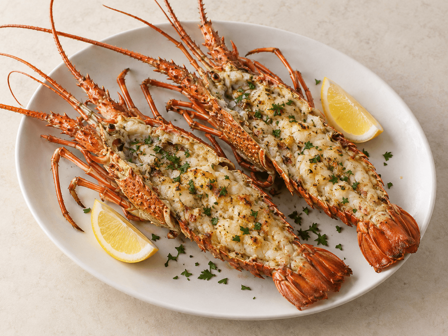 A split grilled tropical spiny lobster served with garlic butter on a platter