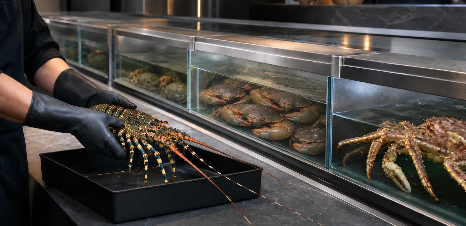Black-gloved seafood specialist holding a Mutiara lobster beside separate tanks of mud crab and Alaskan king crab