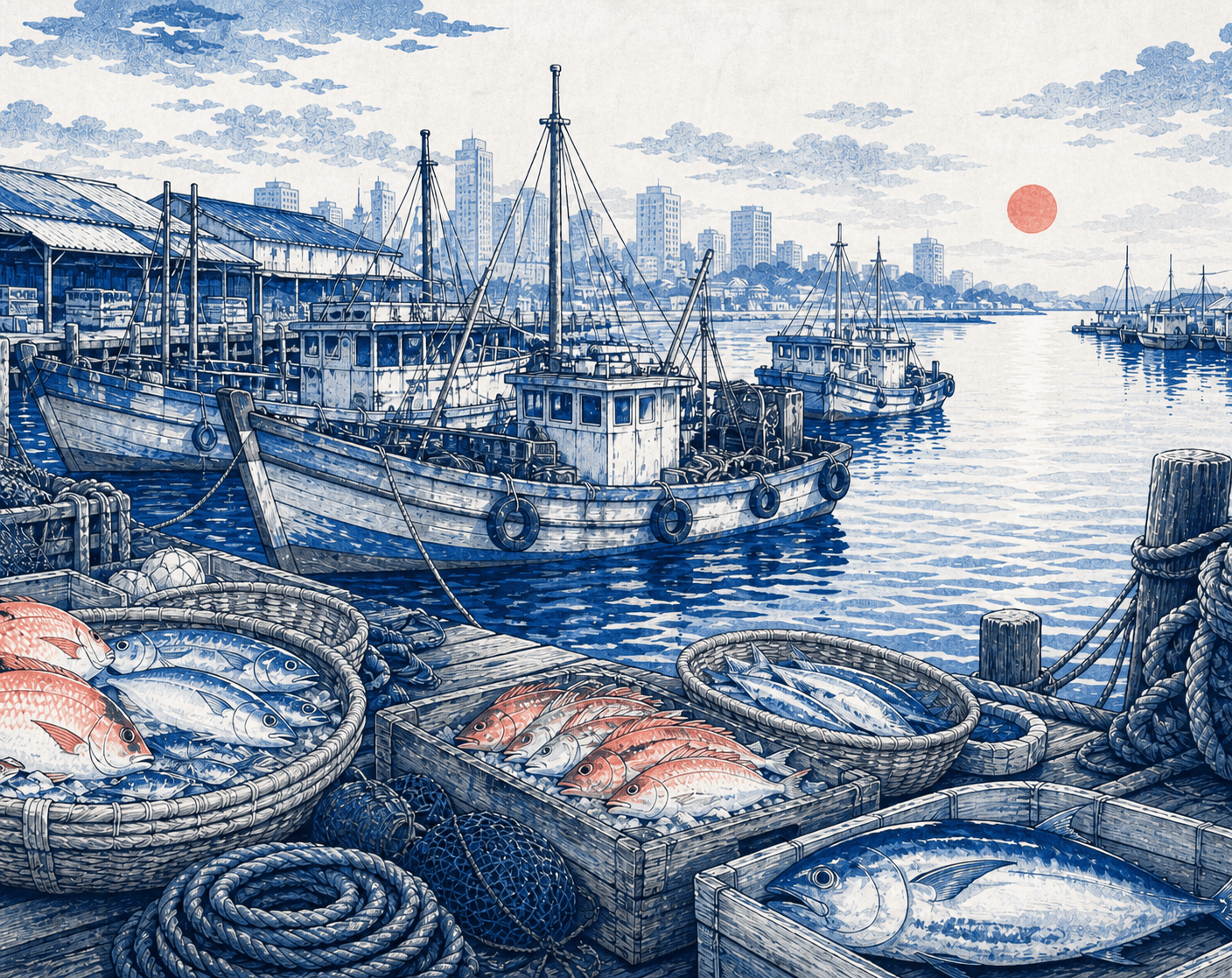 Singapore fishing port with boats and baskets of fresh fish in a Japanese woodblock illustration